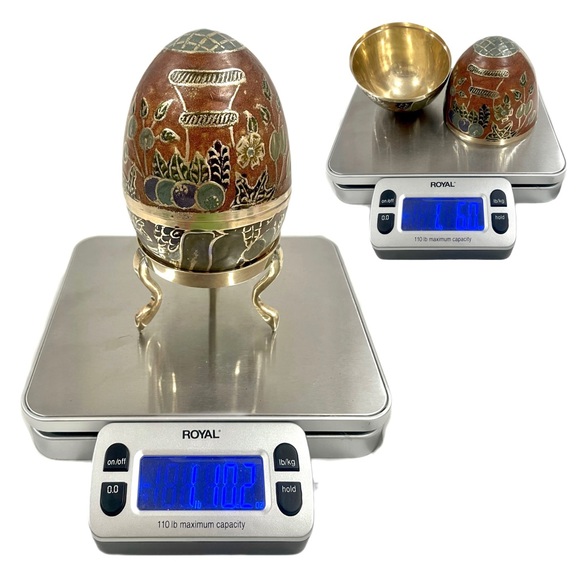 Enameled Cloisonne Brass Egg Trinket Box with Brass Stand Fruit & Flower Design. - Picture 12 of 15